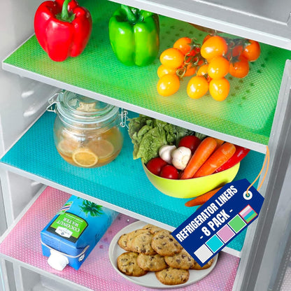 Refrigerator Liners for Shelves (8 Pack) by Linda’s Essentials - Non-Adhesive Drawer and Shelf Liner, BPA-Free Fridge Mats for Kitchen & Cabinets, Easy to Clean, Ideal Household Essentials (Clear)
