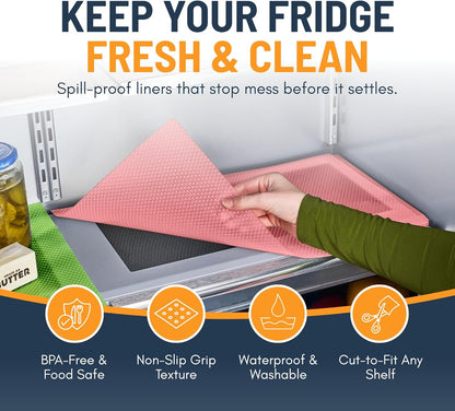 Refrigerator Liners for Shelves (8 Pack) by Linda’s Essentials - Non-Adhesive Drawer and Shelf Liner, BPA-Free Fridge Mats for Kitchen & Cabinets, Easy to Clean, Ideal Household Essentials (Clear)