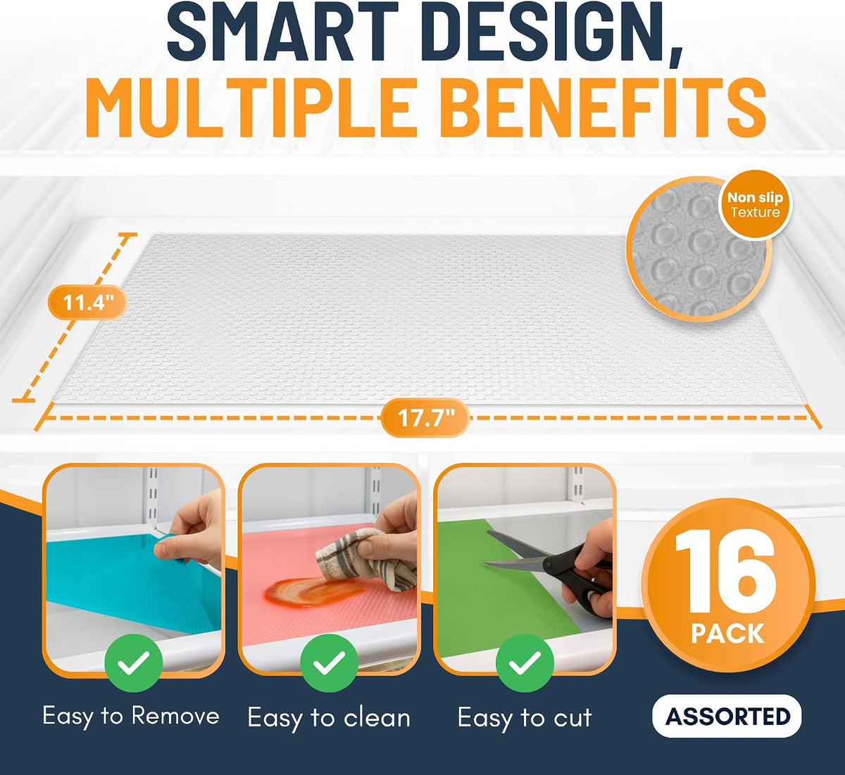 Refrigerator Liners for Shelves (8 Pack) by Linda’s Essentials - Non-Adhesive Drawer and Shelf Liner, BPA-Free Fridge Mats for Kitchen & Cabinets, Easy to Clean, Ideal Household Essentials (Clear)