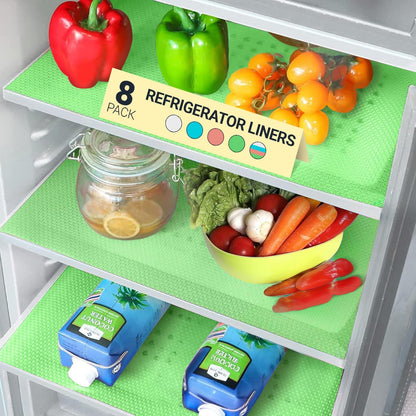 Refrigerator Liners for Shelves (8 Pack) by Linda’s Essentials - Non-Adhesive Drawer and Shelf Liner, BPA-Free Fridge Mats for Kitchen & Cabinets, Easy to Clean, Ideal Household Essentials (Clear)