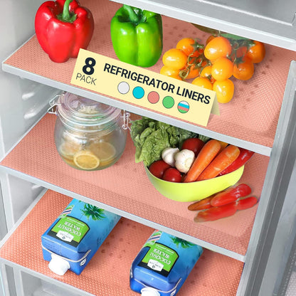 Refrigerator Liners for Shelves (8 Pack) by Linda’s Essentials - Non-Adhesive Drawer and Shelf Liner, BPA-Free Fridge Mats for Kitchen & Cabinets, Easy to Clean, Ideal Household Essentials (Clear)