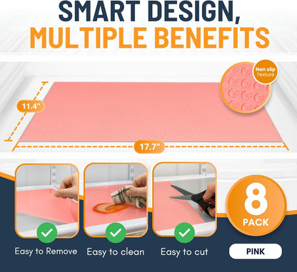 Refrigerator Liners for Shelves (8 Pack) by Linda’s Essentials - Non-Adhesive Drawer and Shelf Liner, BPA-Free Fridge Mats for Kitchen & Cabinets, Easy to Clean, Ideal Household Essentials (Clear)