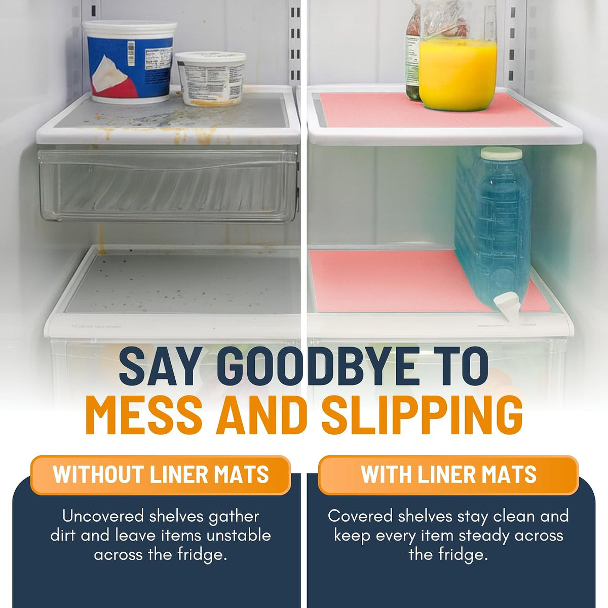 Refrigerator Liners for Shelves (8 Pack) by Linda’s Essentials - Non-Adhesive Drawer and Shelf Liner, BPA-Free Fridge Mats for Kitchen & Cabinets, Easy to Clean, Ideal Household Essentials (Clear)