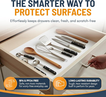 Refrigerator Liners for Shelves (8 Pack) by Linda’s Essentials - Non-Adhesive Drawer and Shelf Liner, BPA-Free Fridge Mats for Kitchen & Cabinets, Easy to Clean, Ideal Household Essentials (Clear)