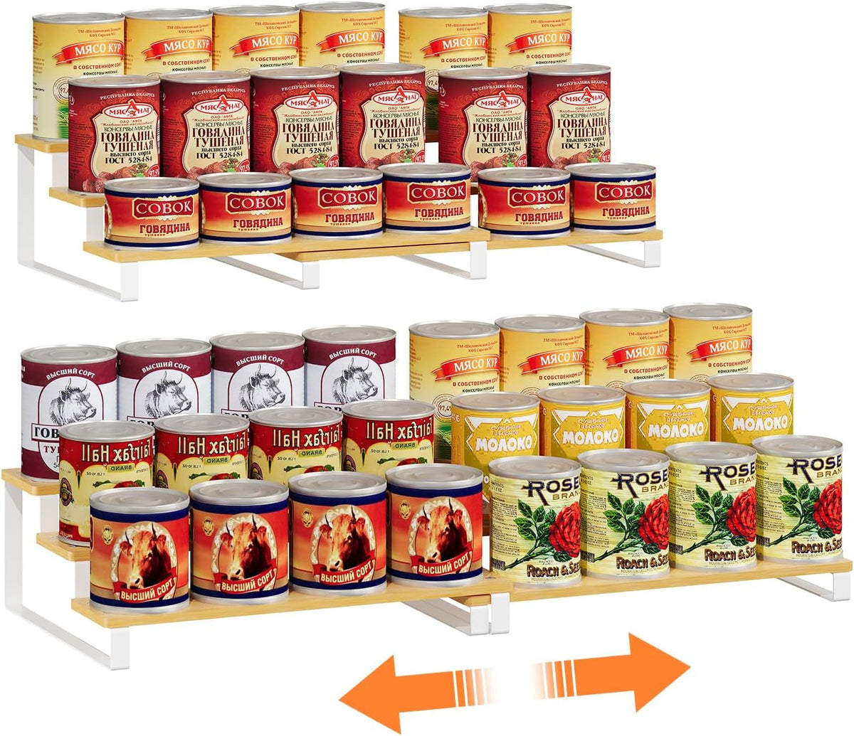 Expandable Can Organizer for Pantry, 3-Tier Adjustable Bamboo & Iron Can Rack for Cabinets, Easy Access Food Storage Shelf for Canned Goods, Soda & Soup Cans, Holds Up to 30 Cans, White