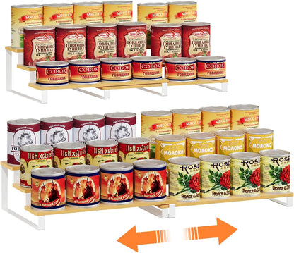 Expandable Can Organizer for Pantry, 3-Tier Adjustable Bamboo & Iron Can Rack for Cabinets, Easy Access Food Storage Shelf for Canned Goods, Soda & Soup Cans, Holds Up to 30 Cans, White