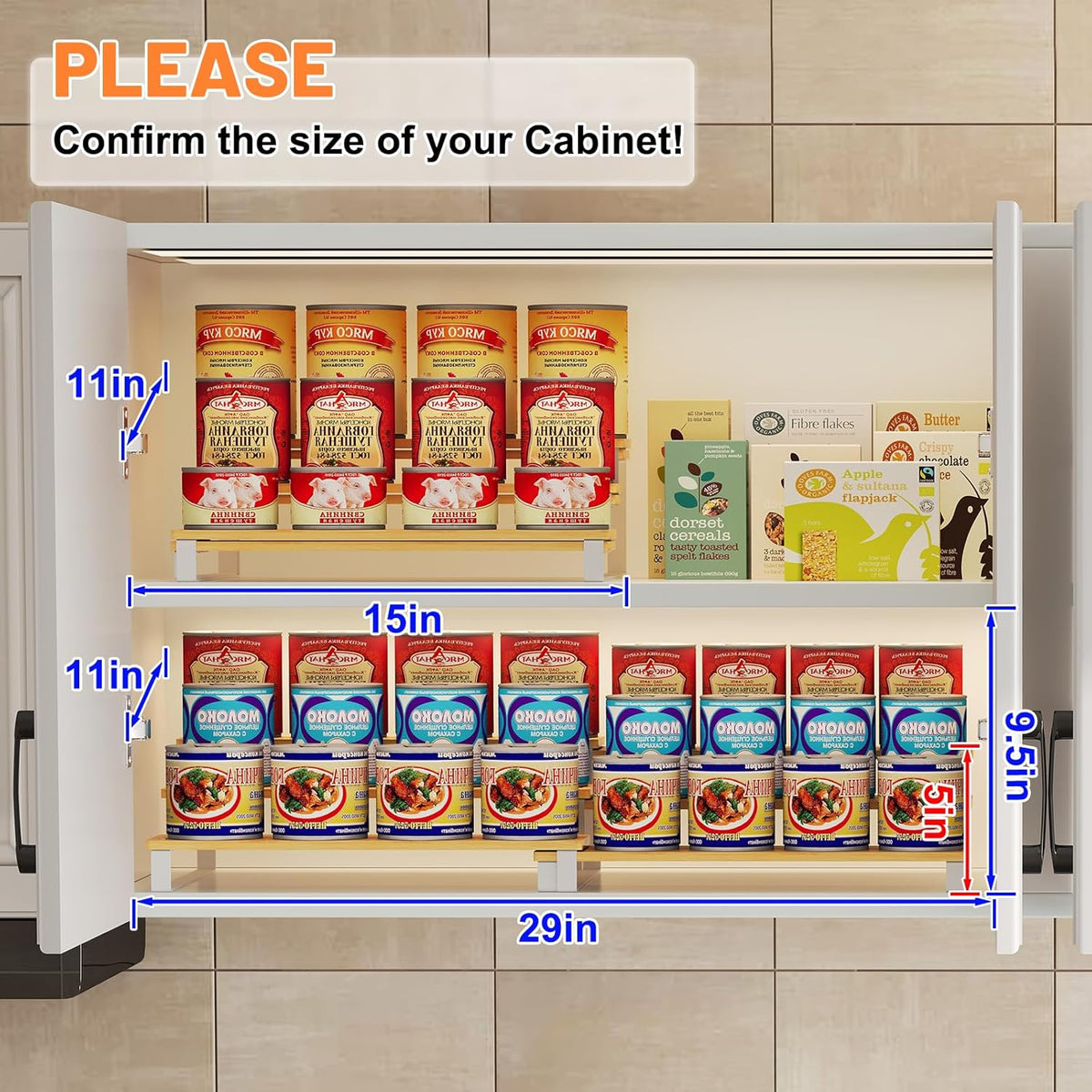 Expandable Can Organizer for Pantry, 3-Tier Adjustable Bamboo & Iron Can Rack for Cabinets, Easy Access Food Storage Shelf for Canned Goods, Soda & Soup Cans, Holds Up to 30 Cans, White