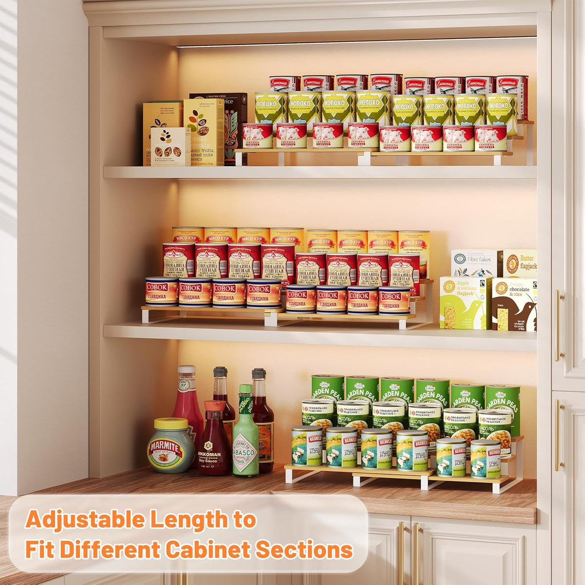 Expandable Can Organizer for Pantry, 3-Tier Adjustable Bamboo & Iron Can Rack for Cabinets, Easy Access Food Storage Shelf for Canned Goods, Soda & Soup Cans, Holds Up to 30 Cans, White