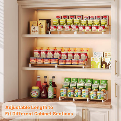 Expandable Can Organizer for Pantry, 3-Tier Adjustable Bamboo & Iron Can Rack for Cabinets, Easy Access Food Storage Shelf for Canned Goods, Soda & Soup Cans, Holds Up to 30 Cans, White
