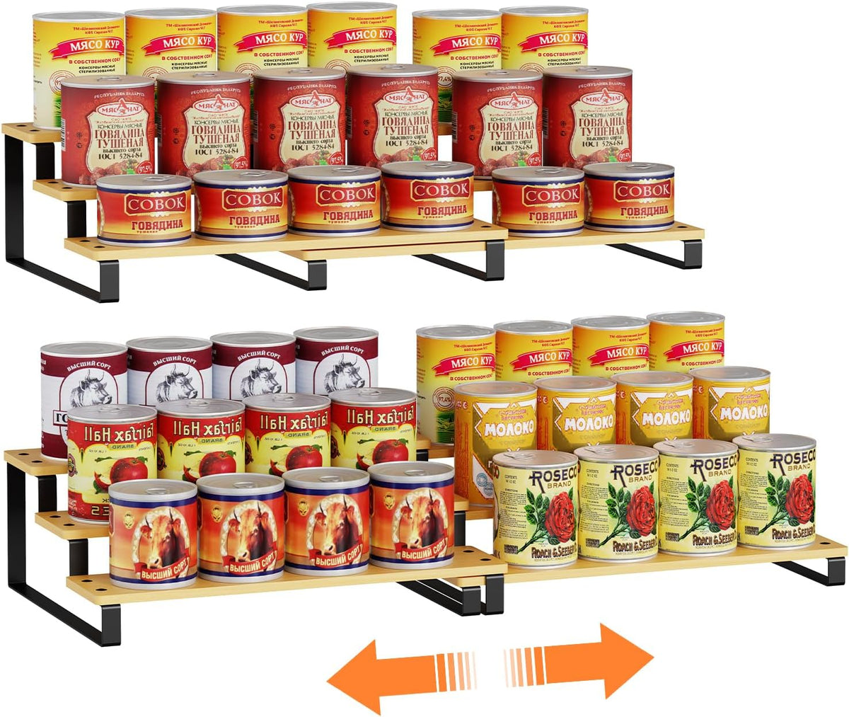Expandable Can Organizer for Pantry, 3-Tier Adjustable Bamboo & Iron Can Rack for Cabinets, Easy Access Food Storage Shelf for Canned Goods, Soda & Soup Cans, Holds Up to 30 Cans, White
