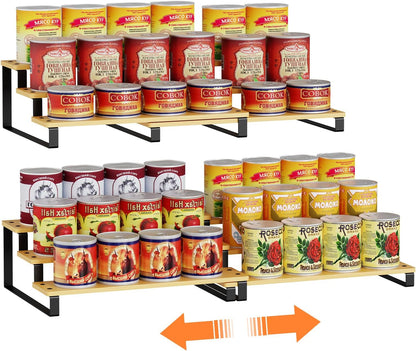 Expandable Can Organizer for Pantry, 3-Tier Adjustable Bamboo & Iron Can Rack for Cabinets, Easy Access Food Storage Shelf for Canned Goods, Soda & Soup Cans, Holds Up to 30 Cans, White