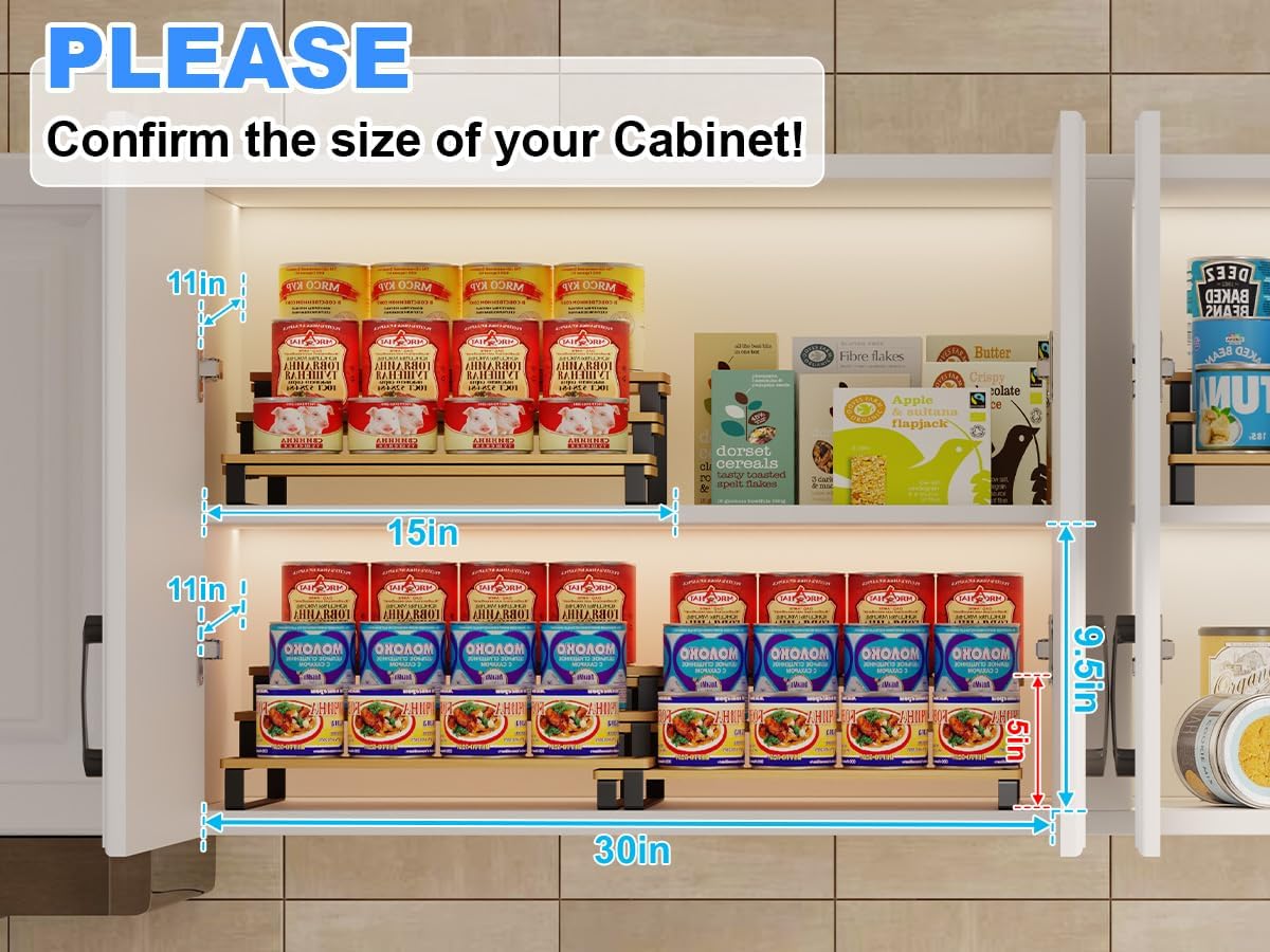 Expandable Can Organizer for Pantry, 3-Tier Adjustable Bamboo & Iron Can Rack for Cabinets, Easy Access Food Storage Shelf for Canned Goods, Soda & Soup Cans, Holds Up to 30 Cans, White