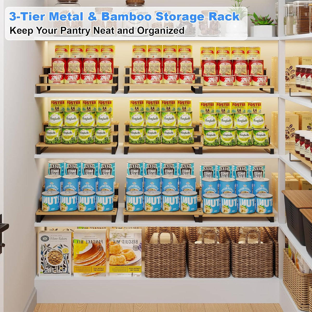 Expandable Can Organizer for Pantry, 3-Tier Adjustable Bamboo & Iron Can Rack for Cabinets, Easy Access Food Storage Shelf for Canned Goods, Soda & Soup Cans, Holds Up to 30 Cans, White