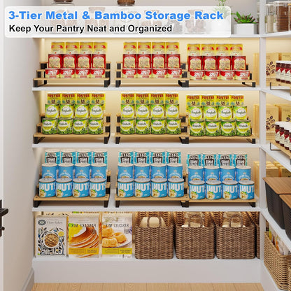 Expandable Can Organizer for Pantry, 3-Tier Adjustable Bamboo & Iron Can Rack for Cabinets, Easy Access Food Storage Shelf for Canned Goods, Soda & Soup Cans, Holds Up to 30 Cans, White