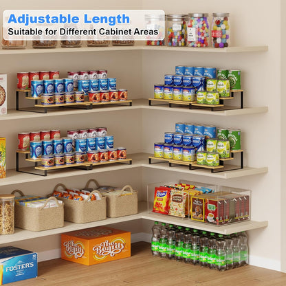 Expandable Can Organizer for Pantry, 3-Tier Adjustable Bamboo & Iron Can Rack for Cabinets, Easy Access Food Storage Shelf for Canned Goods, Soda & Soup Cans, Holds Up to 30 Cans, White