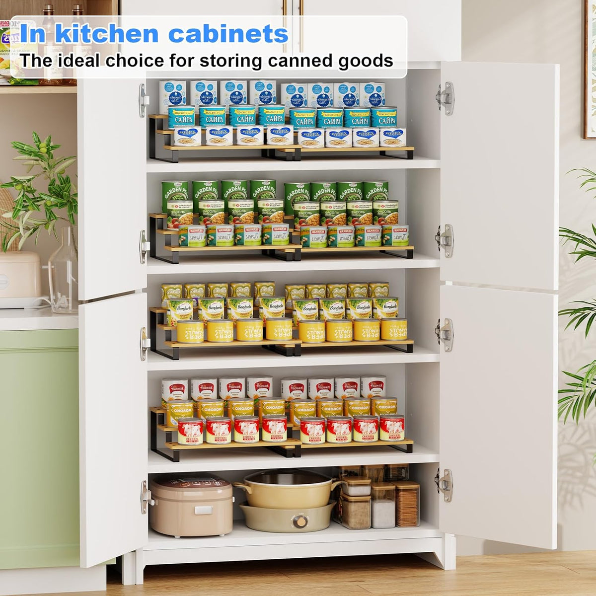 Expandable Can Organizer for Pantry, 3-Tier Adjustable Bamboo & Iron Can Rack for Cabinets, Easy Access Food Storage Shelf for Canned Goods, Soda & Soup Cans, Holds Up to 30 Cans, White