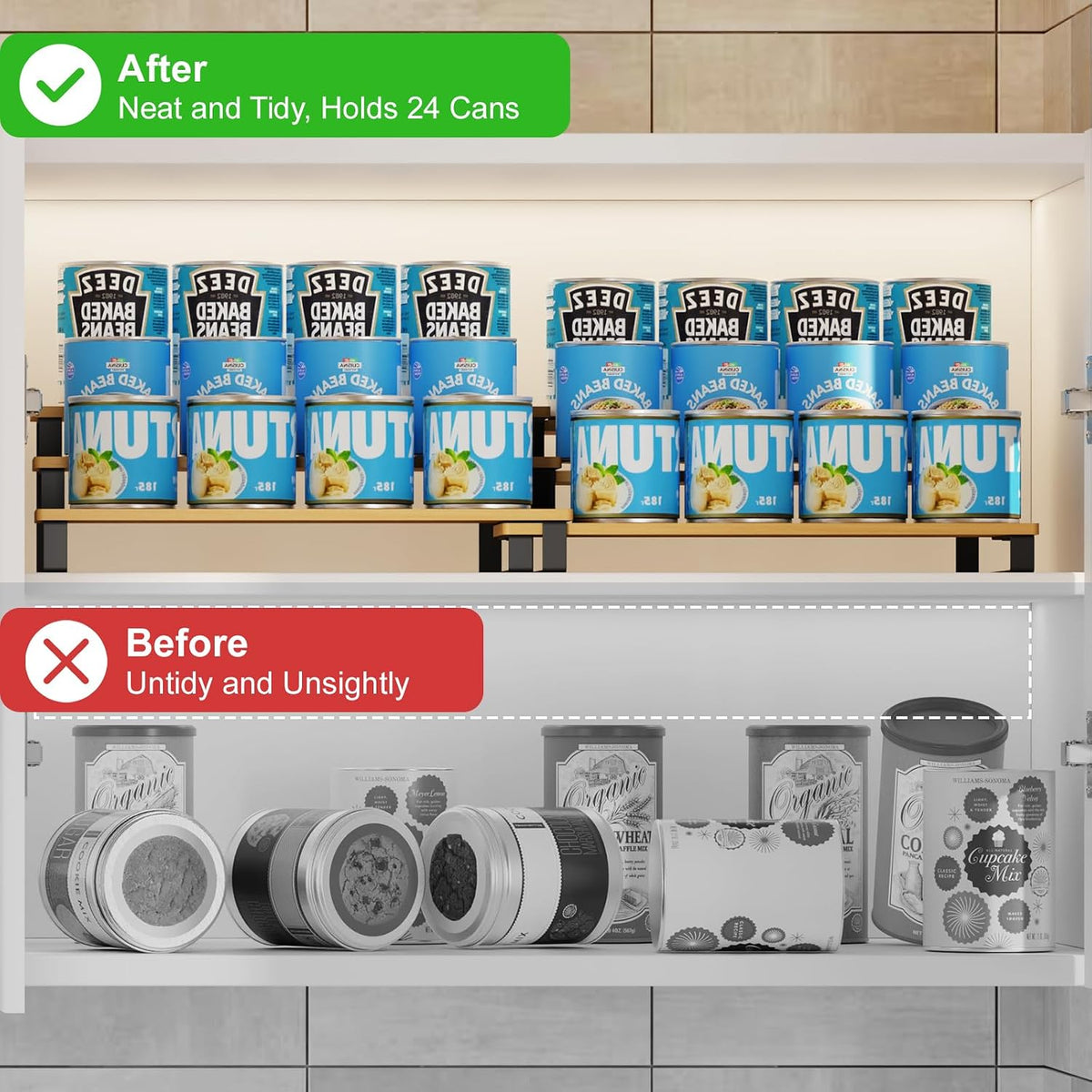 Expandable Can Organizer for Pantry, 3-Tier Adjustable Bamboo & Iron Can Rack for Cabinets, Easy Access Food Storage Shelf for Canned Goods, Soda & Soup Cans, Holds Up to 30 Cans, White