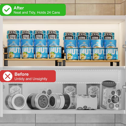 Expandable Can Organizer for Pantry, 3-Tier Adjustable Bamboo & Iron Can Rack for Cabinets, Easy Access Food Storage Shelf for Canned Goods, Soda & Soup Cans, Holds Up to 30 Cans, White