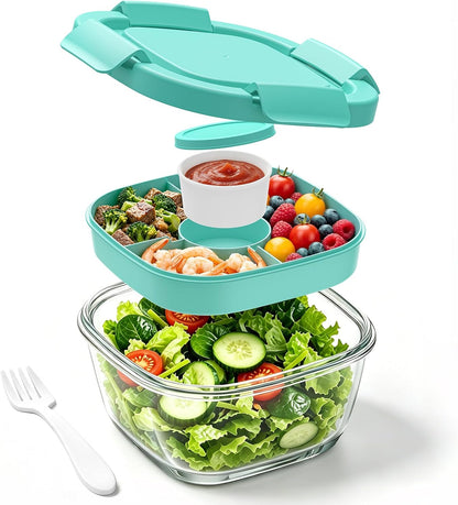 Glass Salad Container,56oz Salad Bowl To Go for Lunch with Airtight Lid,Leak-Proof Sauce Container,4-Compartment Bento Tray & Reusable Fork - BPA-Free Glass Lunch Box for Meal Prep,Office（Green）