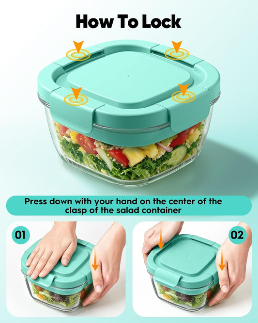Glass Salad Container,56oz Salad Bowl To Go for Lunch with Airtight Lid,Leak-Proof Sauce Container,4-Compartment Bento Tray & Reusable Fork - BPA-Free Glass Lunch Box for Meal Prep,Office（Green）