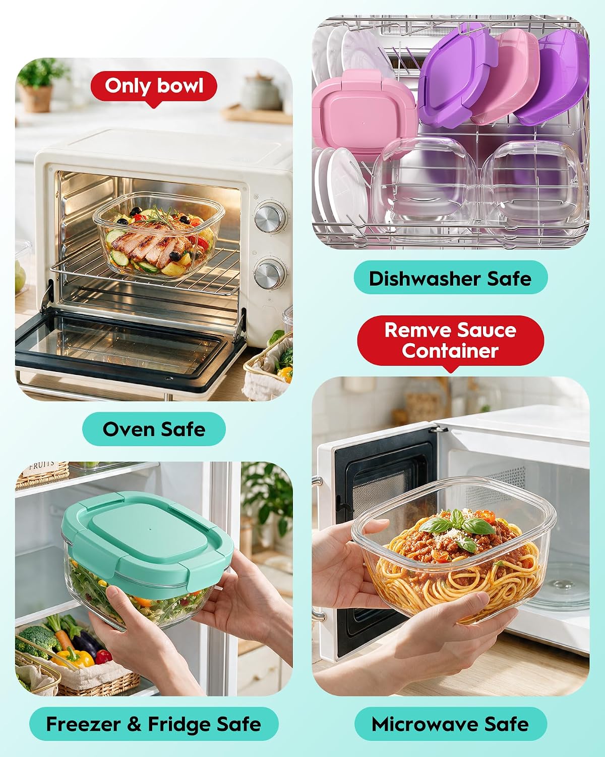 Glass Salad Container,56oz Salad Bowl To Go for Lunch with Airtight Lid,Leak-Proof Sauce Container,4-Compartment Bento Tray & Reusable Fork - BPA-Free Glass Lunch Box for Meal Prep,Office（Green）