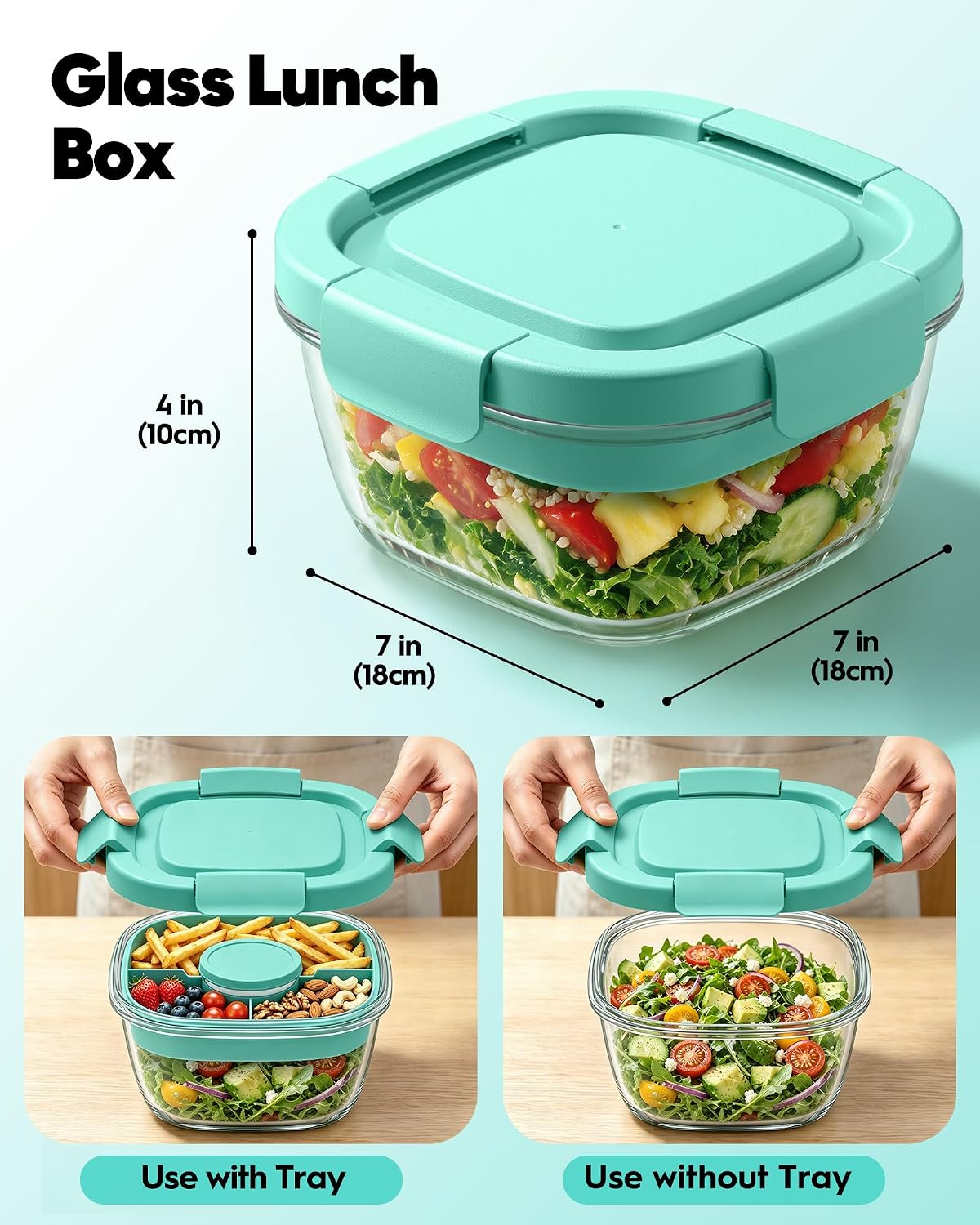 Glass Salad Container,56oz Salad Bowl To Go for Lunch with Airtight Lid,Leak-Proof Sauce Container,4-Compartment Bento Tray & Reusable Fork - BPA-Free Glass Lunch Box for Meal Prep,Office（Green）