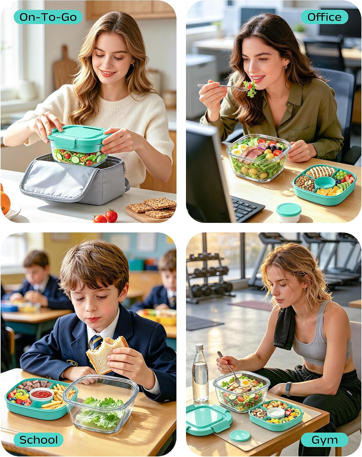 Glass Salad Container,56oz Salad Bowl To Go for Lunch with Airtight Lid,Leak-Proof Sauce Container,4-Compartment Bento Tray & Reusable Fork - BPA-Free Glass Lunch Box for Meal Prep,Office（Green）
