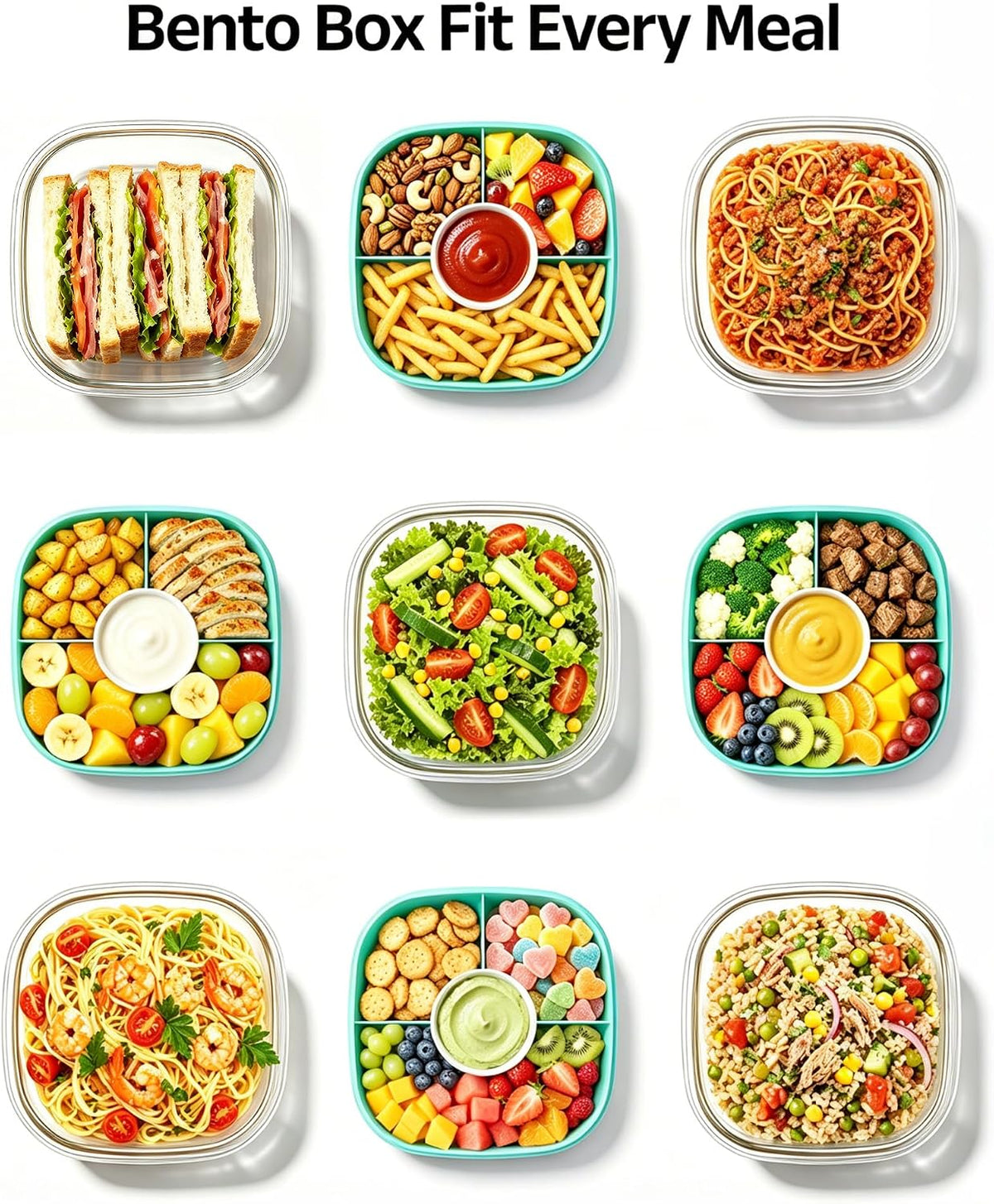 Glass Salad Container,56oz Salad Bowl To Go for Lunch with Airtight Lid,Leak-Proof Sauce Container,4-Compartment Bento Tray & Reusable Fork - BPA-Free Glass Lunch Box for Meal Prep,Office（Green）
