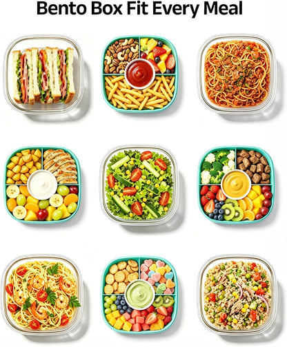 Glass Salad Container,56oz Salad Bowl To Go for Lunch with Airtight Lid,Leak-Proof Sauce Container,4-Compartment Bento Tray & Reusable Fork - BPA-Free Glass Lunch Box for Meal Prep,Office（Green）