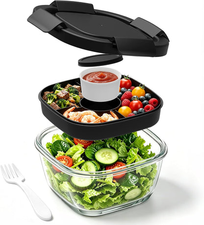 Glass Salad Container,56oz Salad Bowl To Go for Lunch with Airtight Lid,Leak-Proof Sauce Container,4-Compartment Bento Tray & Reusable Fork - BPA-Free Glass Lunch Box for Meal Prep,Office（Green）