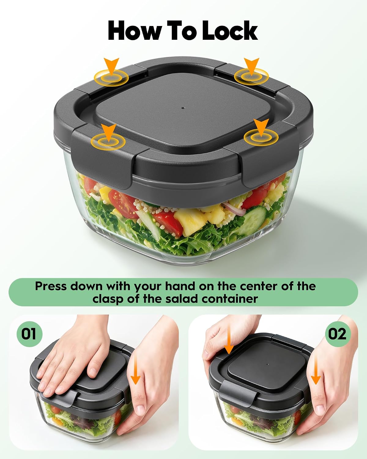 Glass Salad Container,56oz Salad Bowl To Go for Lunch with Airtight Lid,Leak-Proof Sauce Container,4-Compartment Bento Tray & Reusable Fork - BPA-Free Glass Lunch Box for Meal Prep,Office（Green）