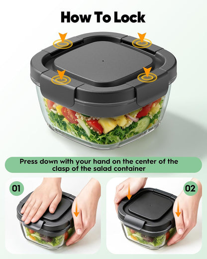 Glass Salad Container,56oz Salad Bowl To Go for Lunch with Airtight Lid,Leak-Proof Sauce Container,4-Compartment Bento Tray & Reusable Fork - BPA-Free Glass Lunch Box for Meal Prep,Office（Green）