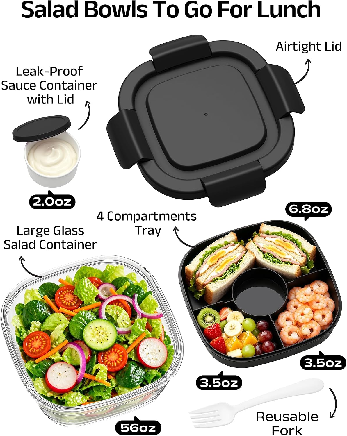 Glass Salad Container,56oz Salad Bowl To Go for Lunch with Airtight Lid,Leak-Proof Sauce Container,4-Compartment Bento Tray & Reusable Fork - BPA-Free Glass Lunch Box for Meal Prep,Office（Green）