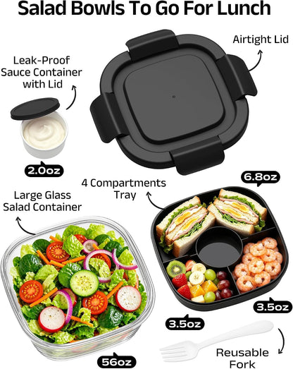 Glass Salad Container,56oz Salad Bowl To Go for Lunch with Airtight Lid,Leak-Proof Sauce Container,4-Compartment Bento Tray & Reusable Fork - BPA-Free Glass Lunch Box for Meal Prep,Office（Green）