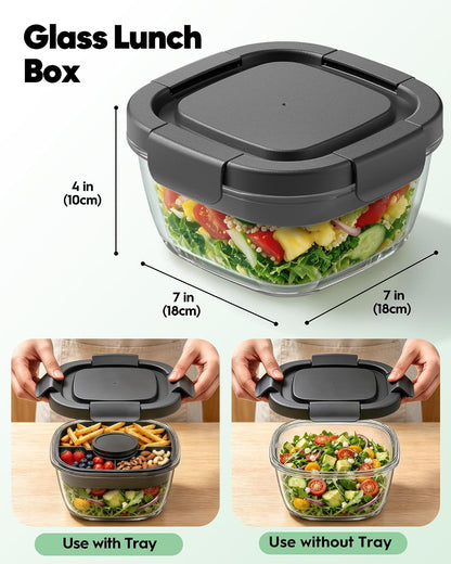 Glass Salad Container,56oz Salad Bowl To Go for Lunch with Airtight Lid,Leak-Proof Sauce Container,4-Compartment Bento Tray & Reusable Fork - BPA-Free Glass Lunch Box for Meal Prep,Office（Green）