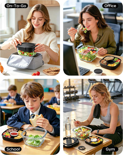 Glass Salad Container,56oz Salad Bowl To Go for Lunch with Airtight Lid,Leak-Proof Sauce Container,4-Compartment Bento Tray & Reusable Fork - BPA-Free Glass Lunch Box for Meal Prep,Office（Green）