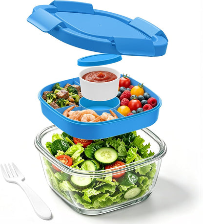 Glass Salad Container,56oz Salad Bowl To Go for Lunch with Airtight Lid,Leak-Proof Sauce Container,4-Compartment Bento Tray & Reusable Fork - BPA-Free Glass Lunch Box for Meal Prep,Office（Green）