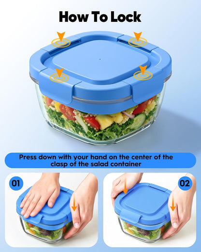 Glass Salad Container,56oz Salad Bowl To Go for Lunch with Airtight Lid,Leak-Proof Sauce Container,4-Compartment Bento Tray & Reusable Fork - BPA-Free Glass Lunch Box for Meal Prep,Office（Green）