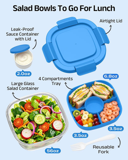 Glass Salad Container,56oz Salad Bowl To Go for Lunch with Airtight Lid,Leak-Proof Sauce Container,4-Compartment Bento Tray & Reusable Fork - BPA-Free Glass Lunch Box for Meal Prep,Office（Green）