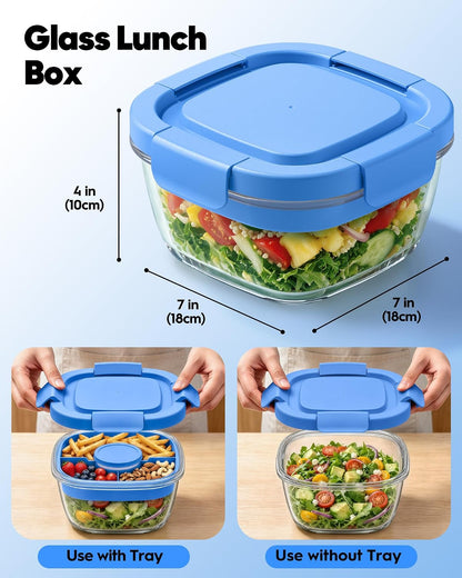 Glass Salad Container,56oz Salad Bowl To Go for Lunch with Airtight Lid,Leak-Proof Sauce Container,4-Compartment Bento Tray & Reusable Fork - BPA-Free Glass Lunch Box for Meal Prep,Office（Green）