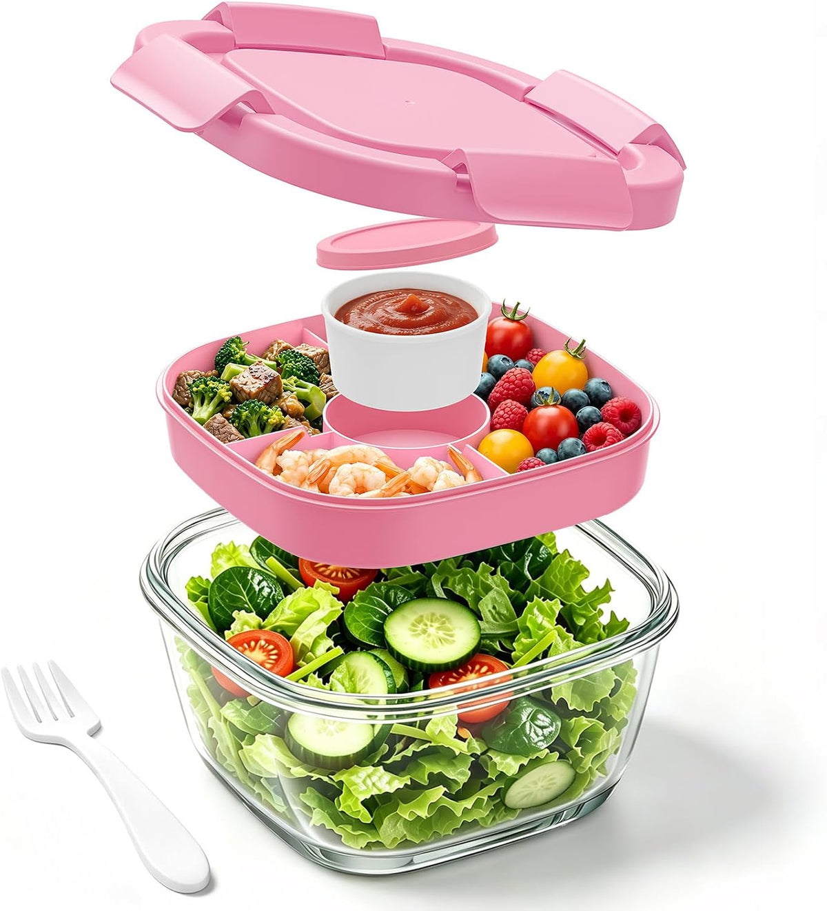 Glass Salad Container,56oz Salad Bowl To Go for Lunch with Airtight Lid,Leak-Proof Sauce Container,4-Compartment Bento Tray & Reusable Fork - BPA-Free Glass Lunch Box for Meal Prep,Office（Green）