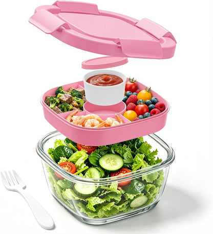 Glass Salad Container,56oz Salad Bowl To Go for Lunch with Airtight Lid,Leak-Proof Sauce Container,4-Compartment Bento Tray & Reusable Fork - BPA-Free Glass Lunch Box for Meal Prep,Office（Green）