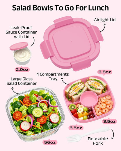 Glass Salad Container,56oz Salad Bowl To Go for Lunch with Airtight Lid,Leak-Proof Sauce Container,4-Compartment Bento Tray & Reusable Fork - BPA-Free Glass Lunch Box for Meal Prep,Office（Green）