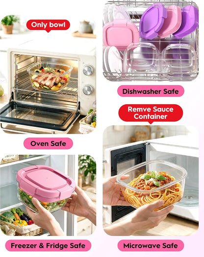 Glass Salad Container,56oz Salad Bowl To Go for Lunch with Airtight Lid,Leak-Proof Sauce Container,4-Compartment Bento Tray & Reusable Fork - BPA-Free Glass Lunch Box for Meal Prep,Office（Green）