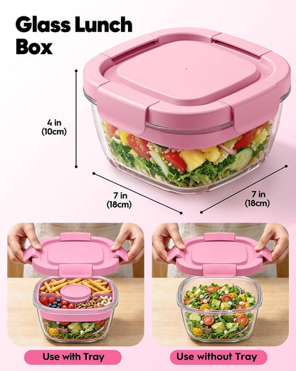 Glass Salad Container,56oz Salad Bowl To Go for Lunch with Airtight Lid,Leak-Proof Sauce Container,4-Compartment Bento Tray & Reusable Fork - BPA-Free Glass Lunch Box for Meal Prep,Office（Green）