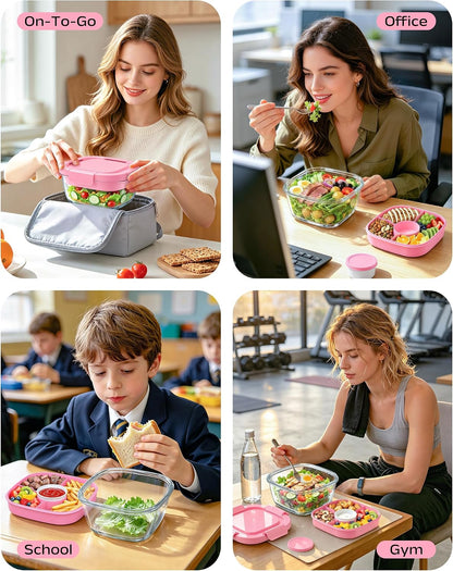 Glass Salad Container,56oz Salad Bowl To Go for Lunch with Airtight Lid,Leak-Proof Sauce Container,4-Compartment Bento Tray & Reusable Fork - BPA-Free Glass Lunch Box for Meal Prep,Office（Green）