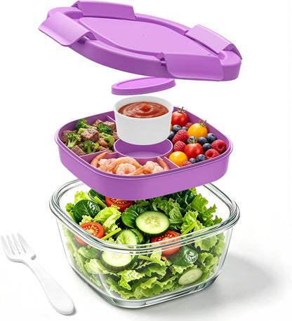 Glass Salad Container,56oz Salad Bowl To Go for Lunch with Airtight Lid,Leak-Proof Sauce Container,4-Compartment Bento Tray & Reusable Fork - BPA-Free Glass Lunch Box for Meal Prep,Office（Green）