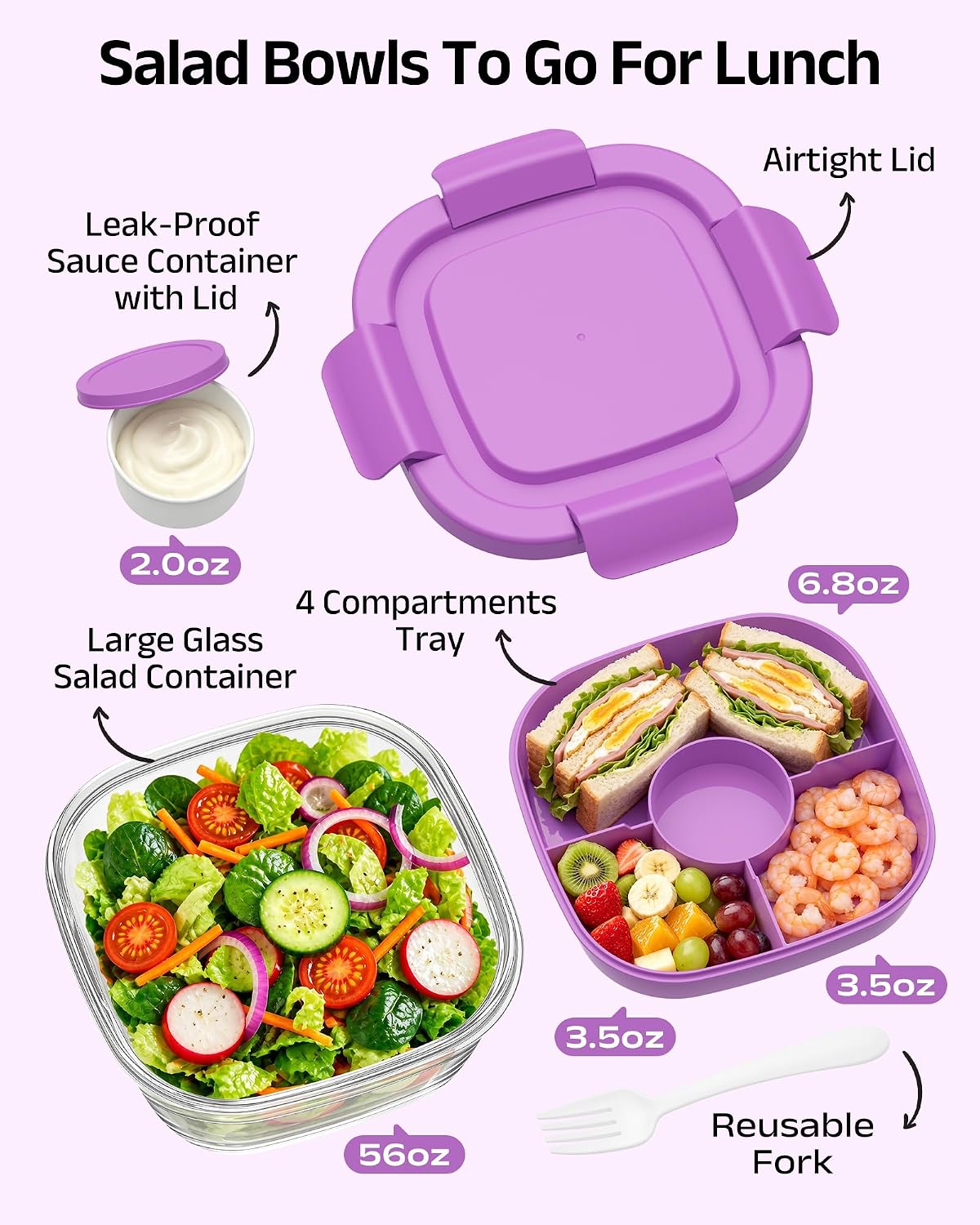 Glass Salad Container,56oz Salad Bowl To Go for Lunch with Airtight Lid,Leak-Proof Sauce Container,4-Compartment Bento Tray & Reusable Fork - BPA-Free Glass Lunch Box for Meal Prep,Office（Green）