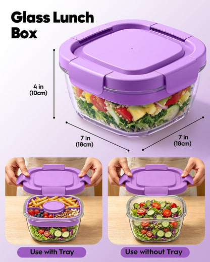 Glass Salad Container,56oz Salad Bowl To Go for Lunch with Airtight Lid,Leak-Proof Sauce Container,4-Compartment Bento Tray & Reusable Fork - BPA-Free Glass Lunch Box for Meal Prep,Office（Green）