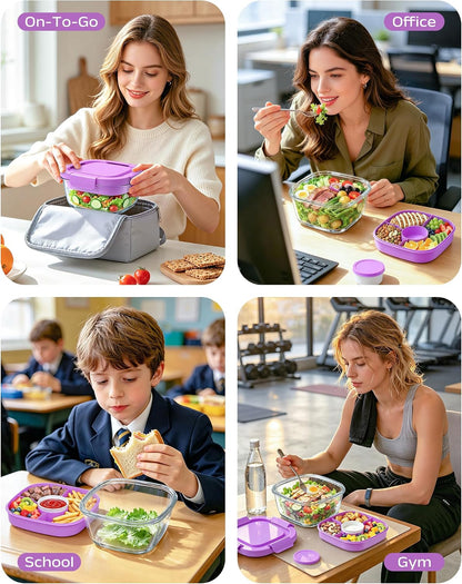 Glass Salad Container,56oz Salad Bowl To Go for Lunch with Airtight Lid,Leak-Proof Sauce Container,4-Compartment Bento Tray & Reusable Fork - BPA-Free Glass Lunch Box for Meal Prep,Office（Green）